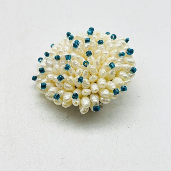 Freshwater Pearl Cluster Pin Teal Bead Accents Silver Tone Beach Coastal Islands - Picture 2 of 6
